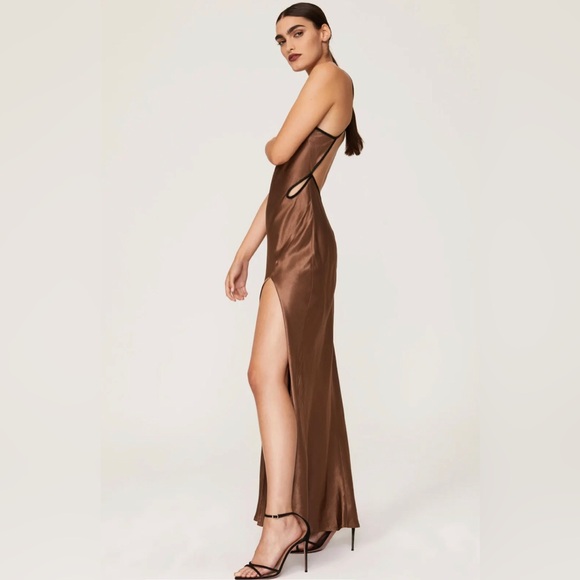 Bec & Bridge Kehlani Satin Maxi Dress High Side Slit Cut Outs in Chocolate sz 10 - Picture 2 of 8